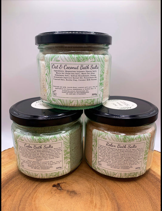 Luxury, Aromatherapy Bath Salts Trio. Oat & Coconut, Relax and Calm. Vegan and cruelty free!