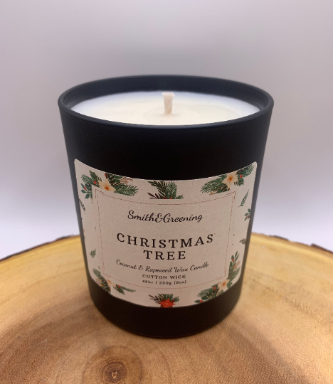 Christmas Tree Coconut Wax Candle. Hand poured, vegan candle with a choice of wooden or cotton wick