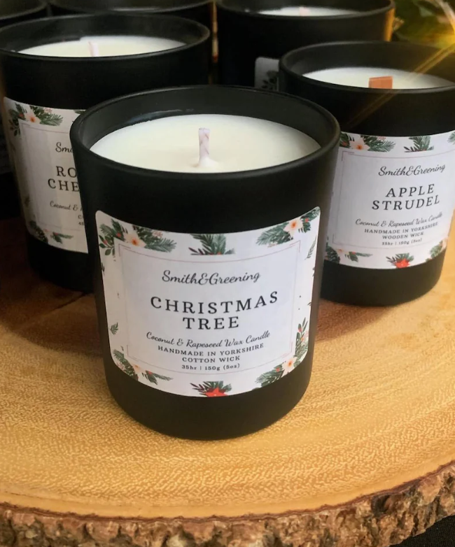 Christmas Tree Coconut Wax Candle. Hand poured, vegan candle with a choice of wooden or cotton wick