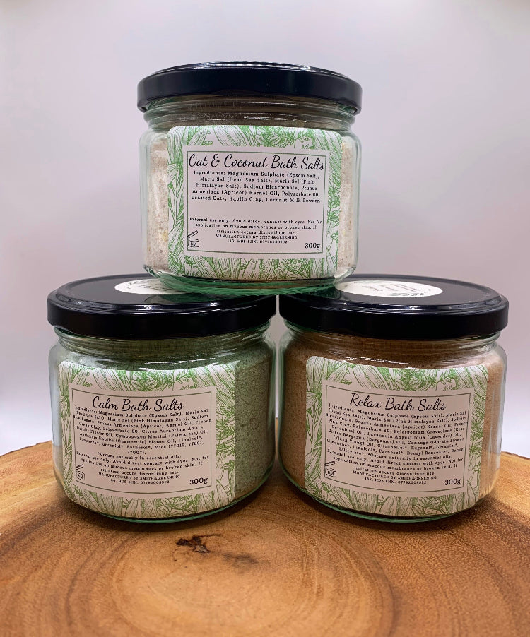 Luxury, Aromatherapy Bath Salts Trio. Oat & Coconut, Relax and Calm. Vegan and cruelty free!
