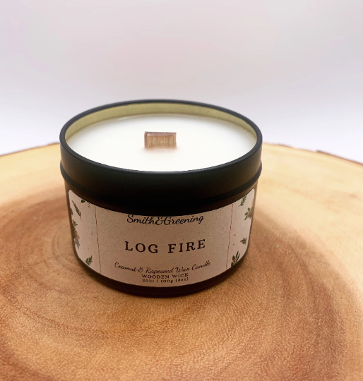 Log Fire Coconut Wax Candle. Hand poured, vegan candle with a choice of wooden or cotton wick