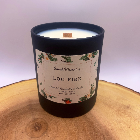 Log Fire Coconut Wax Candle. Hand poured, vegan candle with a choice of wooden or cotton wick