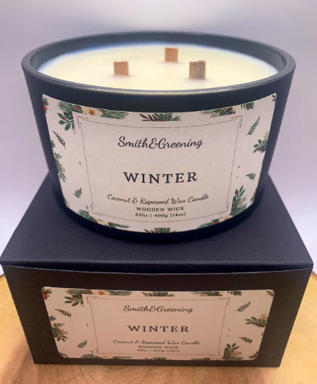 Winter Coconut Wax Candle. Hand poured, vegan candle with a choice of wooden or cotton wick.