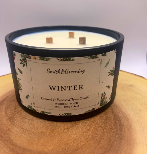 Winter Coconut Wax Candle. Hand poured, vegan candle with a choice of wooden or cotton wick.