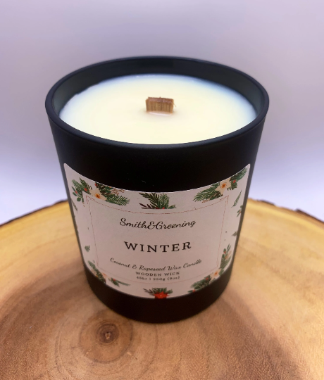 Winter Coconut Wax Candle. Hand poured, vegan candle with a choice of wooden or cotton wick.