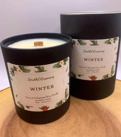 Winter Coconut Wax Candle. Hand poured, vegan candle with a choice of wooden or cotton wick.