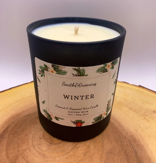 Winter Coconut Wax Candle. Hand poured, vegan candle with a choice of wooden or cotton wick.