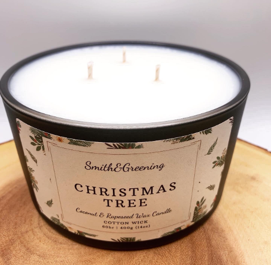 Christmas Tree Coconut Wax Candle. Hand poured, vegan candle with a choice of wooden or cotton wick