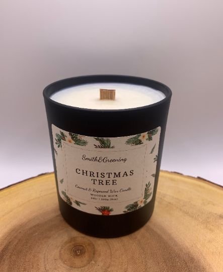 Christmas Tree Coconut Wax Candle. Hand poured, vegan candle with a choice of wooden or cotton wick