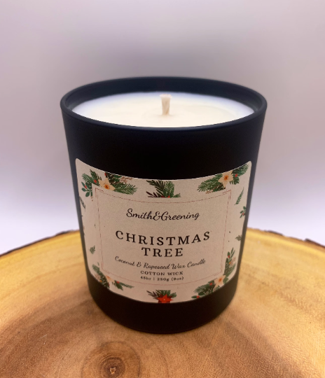 Christmas Tree Coconut Wax Candle. Hand poured, vegan candle with a choice of wooden or cotton wick