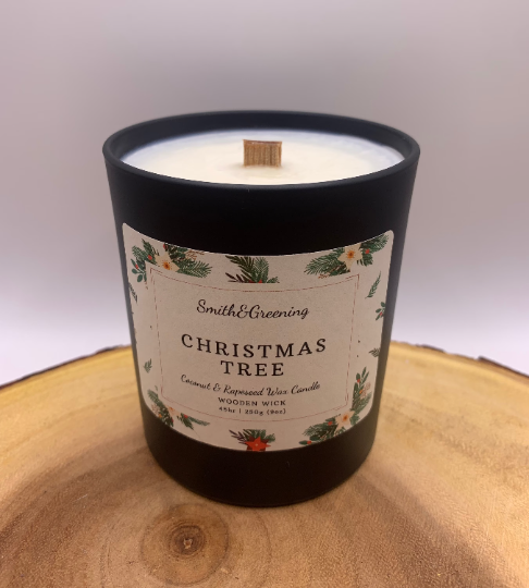 Christmas Tree Coconut Wax Candle. Hand poured, vegan candle with a choice of wooden or cotton wick